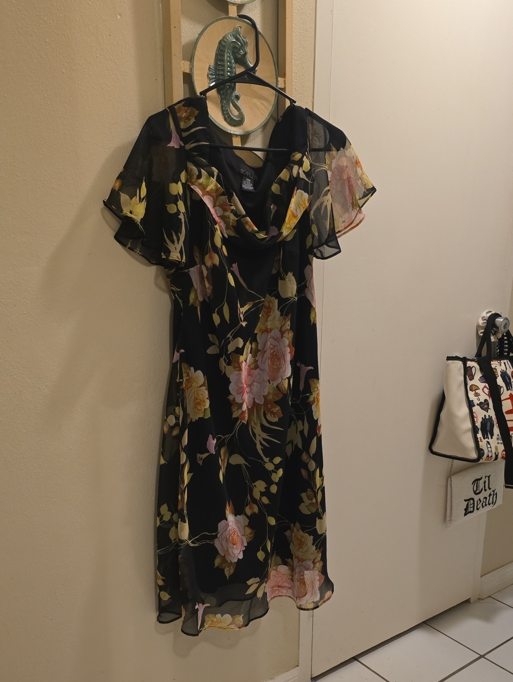 Scarlett Black Floral Chiffon Midi Dress with Pink and Yellow Blooms